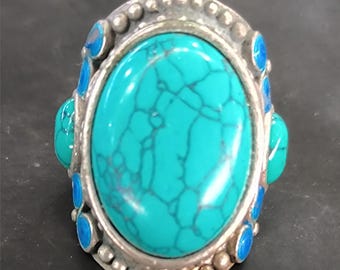 Chinese antique Tibetan silver Hand-made inlaid ring