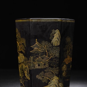 Antique Chinese Black Lacquer Brush Pot Genuine Gold Landscape Painting Wooden Scholar Pen Holder Hexagonal Calligraphy Desk Organizer
