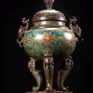 Op de afbeelding: Een sierlijke, antieke bronzen wierookbrander met een turquoise en bloemen emaille ontwerp. Het vat heeft een gewelfd deksel, draakvormige handvatten en leeuwvormige poten. De basis is ook versierd met bloemmotieven.