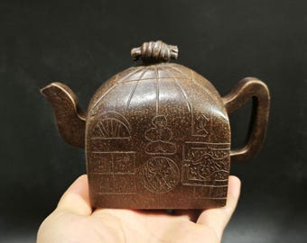 Vintage Yixing Zisha Teapot – Handmade Bronze Clay Carved Teaware (400cc)