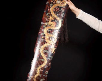 Guqin chino / Instrumento lacado con motivo de dragón / Dragón dorado pintado a mano / Decoración de arte oriental