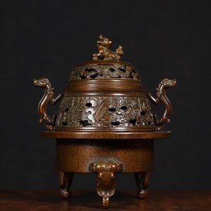 Solid Brass Incense Burner: Chinese Antique Style Censer with Dragon Handles