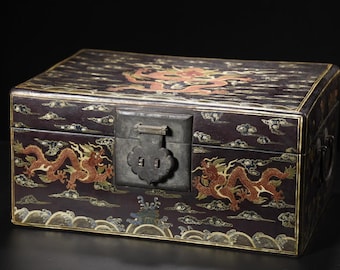 Large Antique Chinese Dragon Lacquer Chest,Hand Painted Gilt Dragon Storage Box,Leather Core Lacquerware Casket,Asian Collector Treasure Box