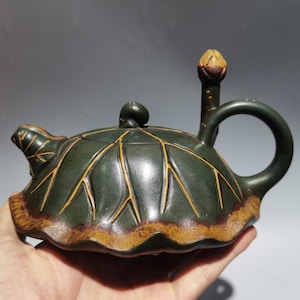 ヴィンテージ 宜興紫沙 蓮の葉ティーポット ハンドメイド グリーンクレイ 中国カンフーティーポット