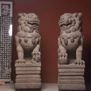 Large Antique Chinese Stone Guardian Lions–150cm Foo Dog Pair–Hand-Carved Bluestone Statues for Temple or Garden,classic feng shui symbolism
