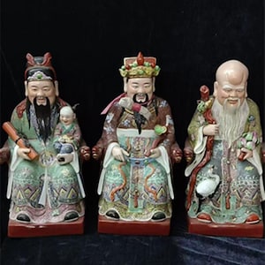 Heavy Famille Rose Fu Lu Shou Statues – Chinese Porcelain Deities of Fortune, Wealth & Longevity, Handmade Altar Feng Shui Decor