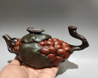 Yixing Zisha Teapot: Handmade Hongni Red Clay Grape Design, 300cc
