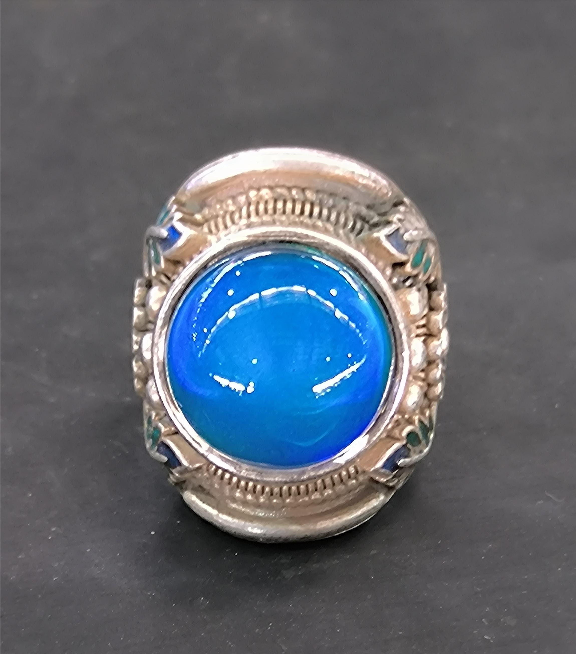 Chinese antique Tibetan silver Hand-made inlaid ring