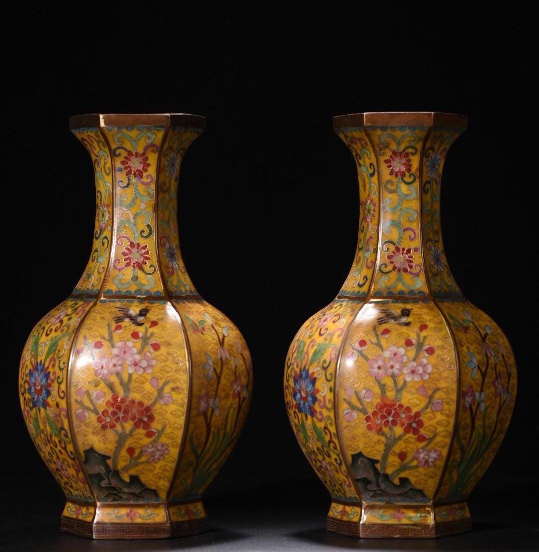 アンティーク中国七宝焼六角花瓶：花柄ペア - Etsy 日本