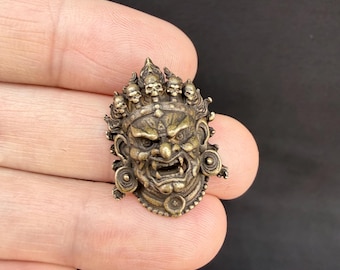Set of 2 Vintage Brass Mahakala Pendants, Wrathful Deity Amulets (2.2 cm)