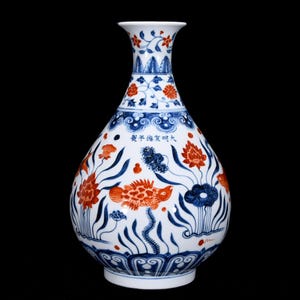 Antique Chinese Blue & White Iron Red Fish Lotus Yuhuchun Vase, Porcelain Fish Aquatic Plants Vase