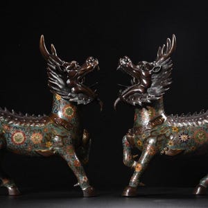 Large Antique Cloisonné Qilin Statue Pair – Chinese Mythical Creature Feng Shui Guardians, Enamel Bronze Decorative Sculptures