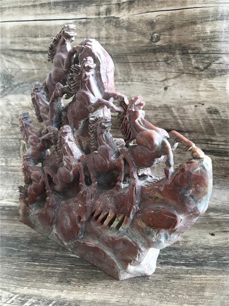 中国アンティーク寿山石手彫り風水馬八頭馬像 - Etsy 日本