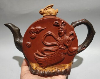 Bule de chá vintage Yixing Zisha Moon, com o coelho Chang'e voando para a Lua, feito à mão em argila vermelha original, para chá chinês estilo Gongfu, 380cc.