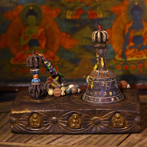 Antique Tibetan Ritual Bell & Vajra Set: Hand-Hammered Bronze, Gem Inlay