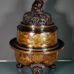 Massive Gilt Copper Dragon Censer: Antique Chinese Temple Incense Burner