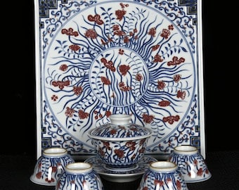 Chinese Blue & Red Porcelain Tea Set, Seaweed Motif Gaiwan, Ming Style Teaware