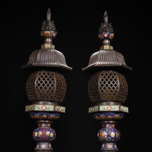 Antique Large Chinese Cloisonné Palace Lanterns Pair • 84cm Tall Bronze Enamel Temple Lamps • Lotus Pattern Cloisonné Collectibles
