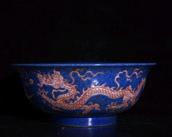 Chinese antique Qing Dynasty Xuande Snow blue glaze dragon pattern Porcelain Large bowl