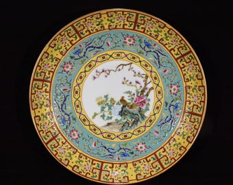 Plato Familia Rosa Qing Yongzheng: Plato de porcelana con loto y pájaro, decoración china antigua