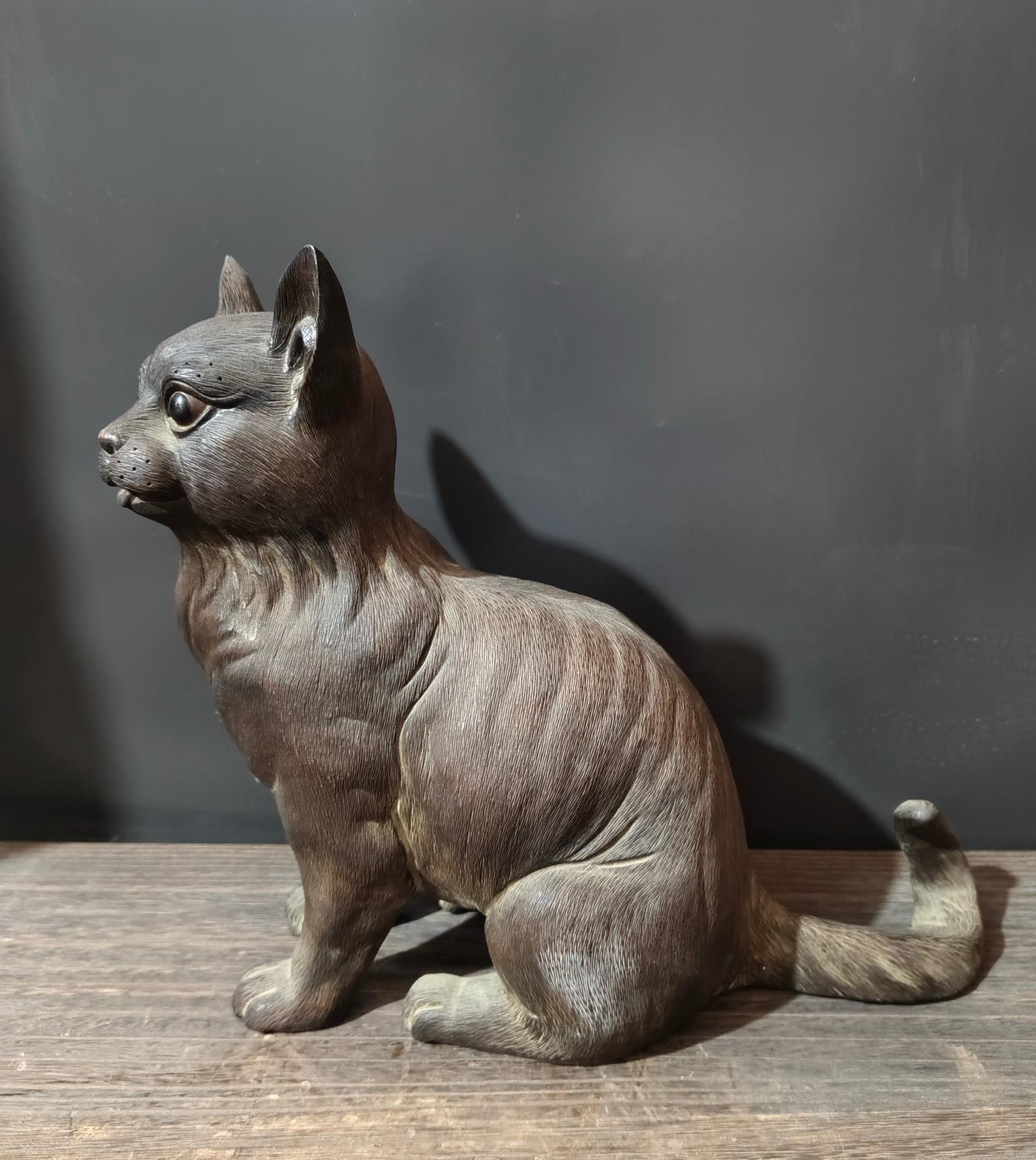 ☆猫の彫刻 陶器製置物 グレー Cat pottery object／猫のオブジェ_グレー | ondo