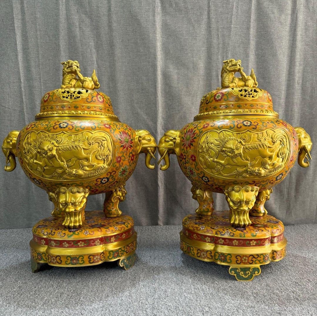 large-antique-chinese-cloisonn-incense-burner-pair-qilin-finial