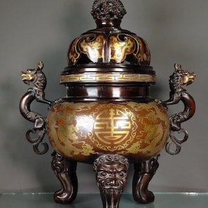 Antique Large Purple Copper Incense Burner with Dragon Motif – Fire-Gilded Buddhist Altar Censer，Buddhist offering tool，Feng Shui Decor Gift