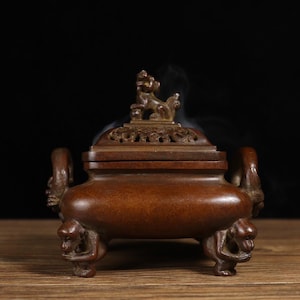 Chinese Antique Style Solid Brass Incense Burner – Tripod Censer with Chi Dragon Handles & Monkey Feet, Ideal for Home Altar or Gift Use