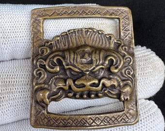 Vintage Tibetan Brass Sutra Book Clip: Guardian Mask Ritual Tool