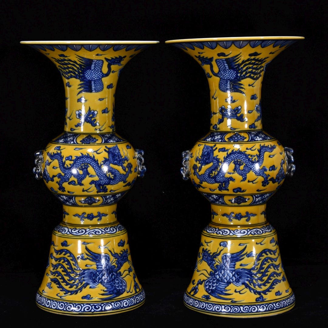 Chinese Yellow Ground Blue & White Dragon and Phoenix Huagu Vase Pair ...