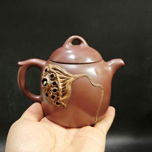 May include: A brown ceramic teapot with a lid and handle. The teapot features a detailed relief of a lotus seed pod on its side. The spout and handle are curved. The teapot is held in a hand against a dark background.
