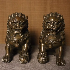 Antique Copper Lion Statues Pair: Chinese Feng Shui Decor