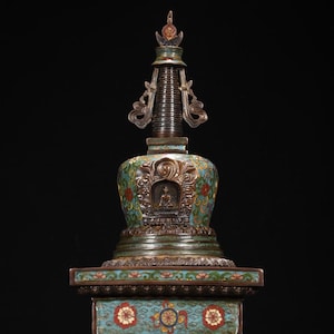 Antique Chinese Cloisonné Enamel Stupa | Vintage Buddhist Pagoda Figurine, Copper Enamel Temple Decor, Collectible Feng Shui Ornament