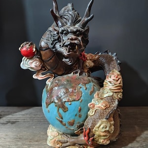 Shiwan Ceramic Dragon Statue: Antique Glazed Porcelain Feng Shui Decor