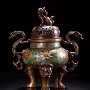 Antieke Chinese cloisonné wierookvat Dragon Handles Foo Lion wierookbrander (Asian Art Collectible)