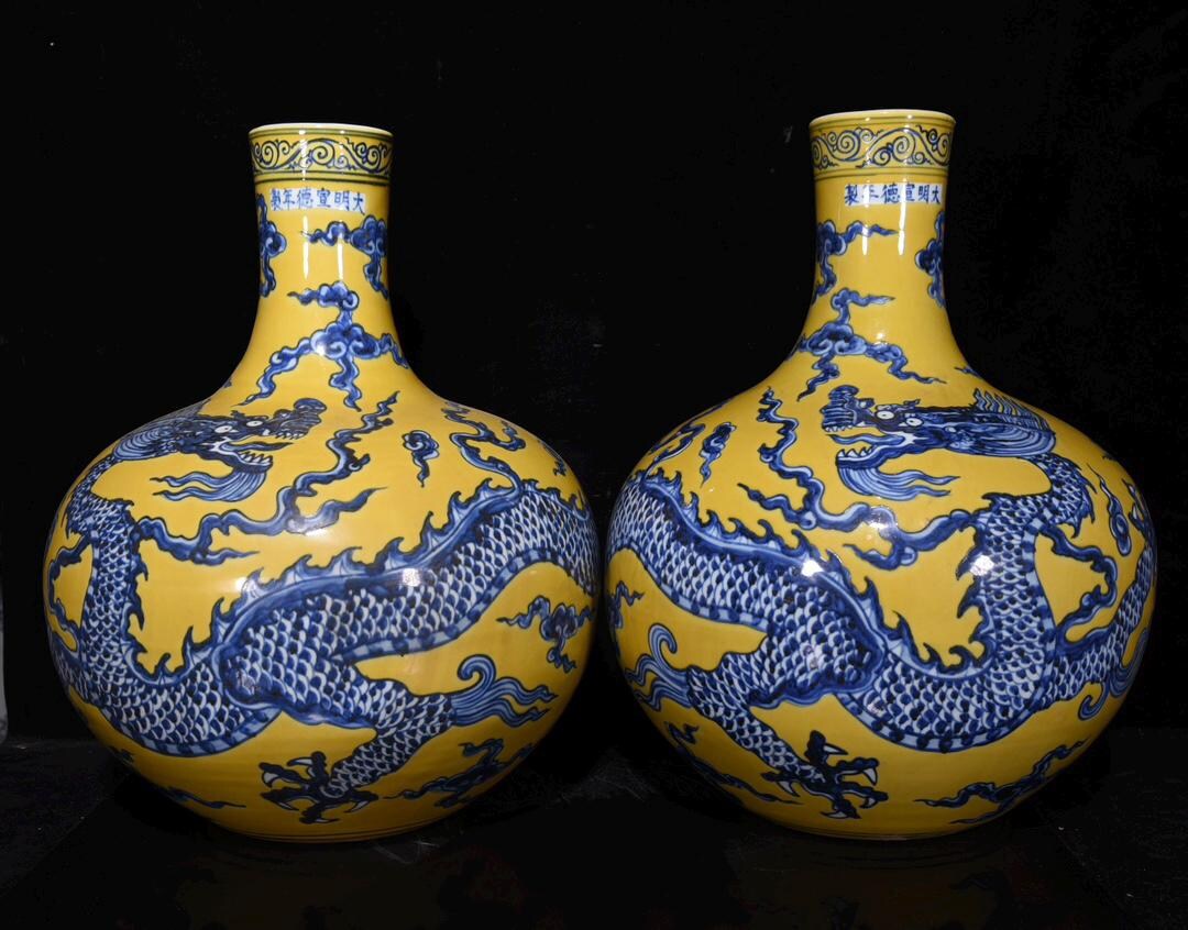 中国アンティーク龍文天秋瓶：黄地青白磁壺一対 - Etsy 日本