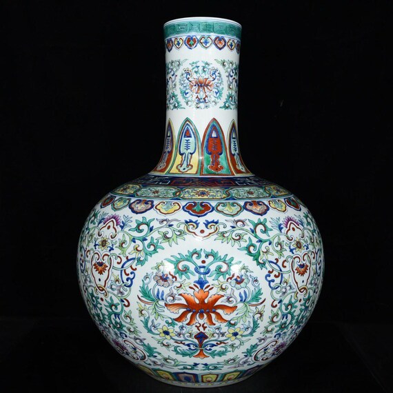 大型手描き豆彩蓮天秋瓶 - アンティーク中国磁器壺 - Etsy 日本