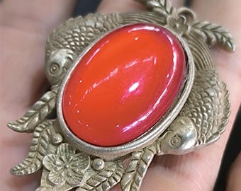 Chinese antique Tibetan silver Embed Red Jade double fish pendant