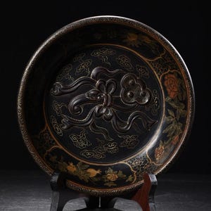 Antique Chinese Gilded Lacquer Plate: Hand-Carved Relief, Oriental Decor