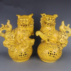 Antique Yellow Glazed Porcelain Foo Dogs: Feng Shui Temple Guardian Lions