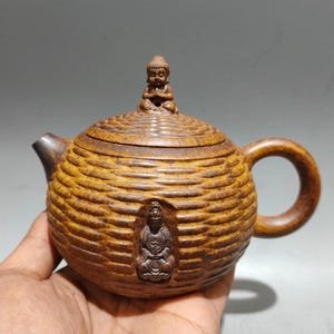 Tetera Yixing Zisha con Buda Guanyin, textura de bambú, hecha a mano, estilo zen chino, tetera rústica