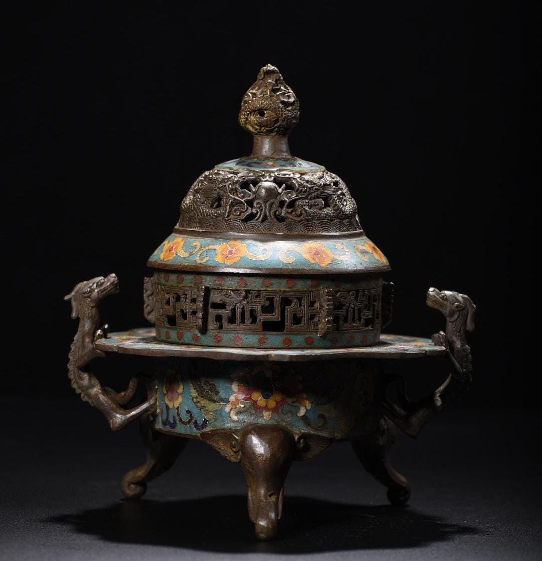 中国アンティーク七宝香炉: 龍の蓋、象の足 - Etsy 日本
