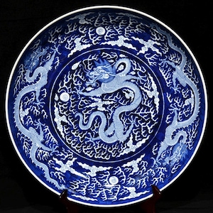 High-Quality Antique Chinese Blue and White Porcelain Plate – Five Dragons Design–Imperial Chuxiu Palace Mark – Home Decor,Gift, Collectible