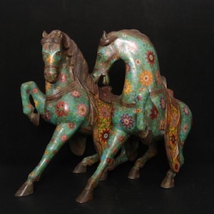 Antique Chinese Cloisonné Tang Horses Pair – Enamel Copper Statuary, Feng Shui “Success” Decorative Sculptures，corporate office decoration