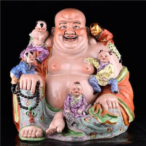 Antique Maitreya Buddha with Five Children | Famille Rose Statue by Zhu Maoji |  Ideal for home altar, meditation space，Home Feng Shui Decor