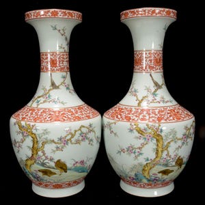 Pair of Qing Qianlong Fan Red Vases – Floral & Bird Motif, Chinese Antique Porcelain, Elegant Hand-Painted Collectible Decor