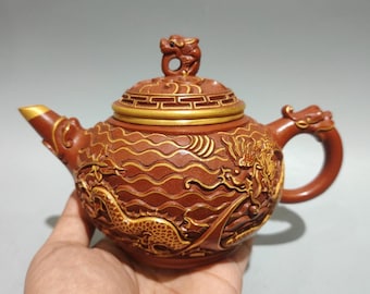 Handgemaakte Yixing Zisha Dragon Phoenix Pearl-theepot van museumkwaliteit, verguld reliëf originele Zhuni-klei 320 cc