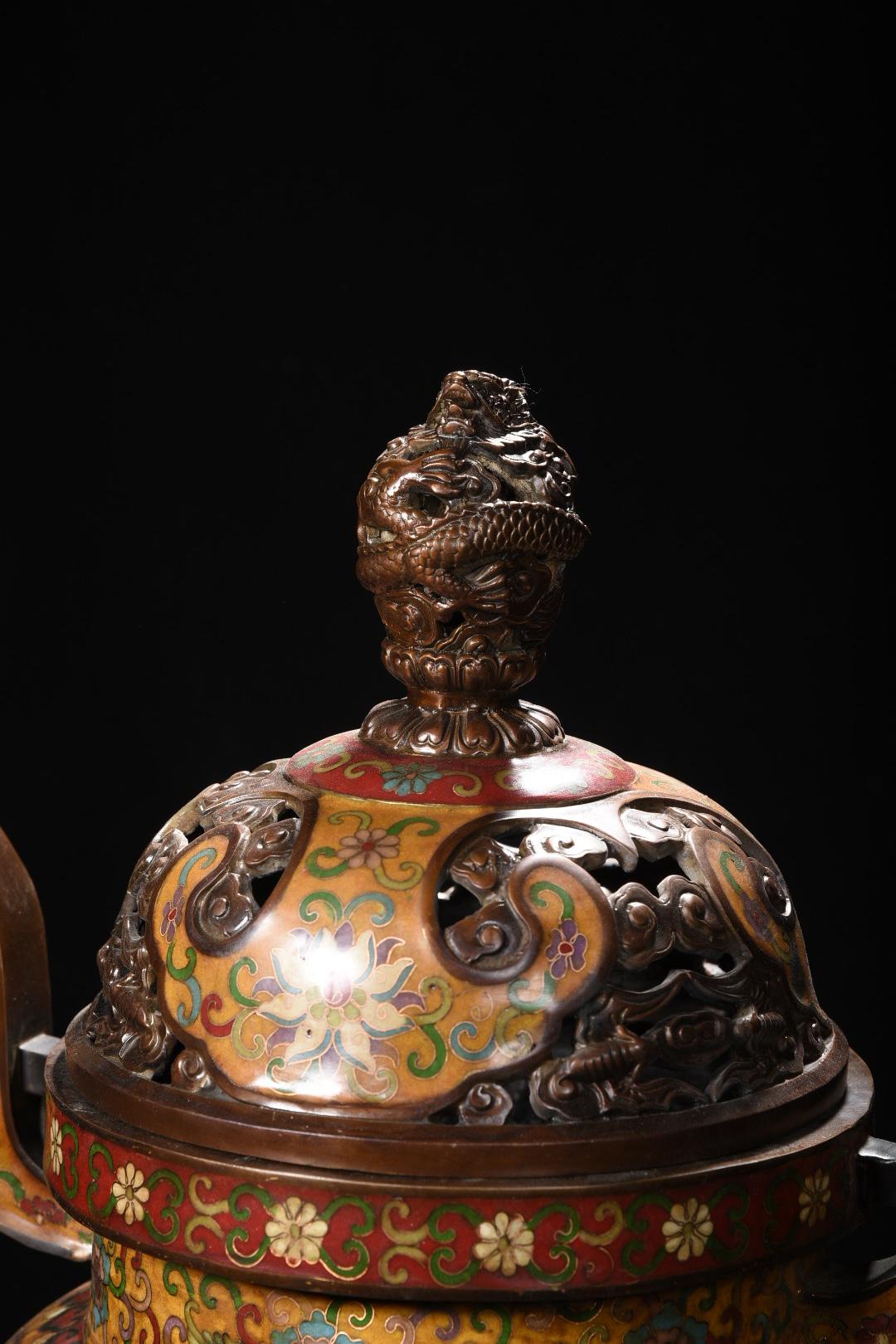 中国美術 七宝焼三足香爐 銅製 年代物 香炉 七宝 三足香炉 中国美術 アンティーク 古玩 中国美術 七宝