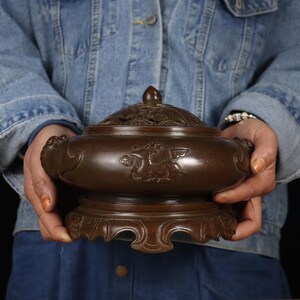 Large Antique Style Solid Brass Incense Burner with Five Bats and Longevity Symbol – Chinese Feng Shui Censer for Home Decor, Meditation