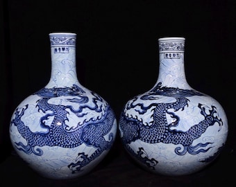 Museum Quality Antique Chinese Blue & White Dragon Tianqiuping Vase, Hand Painted Yongle Style Sea Dragon Globe Bottle Porcelain